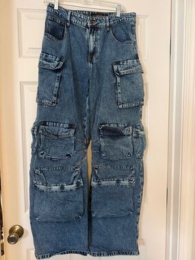 Lioness Blue Wide-Leg Cargo Jeans